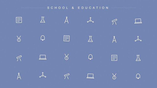 School Education Icon Grid Pattern Featuring Line Art of Flask Telescope Laptop Divider Medal Bell Vector Graphic