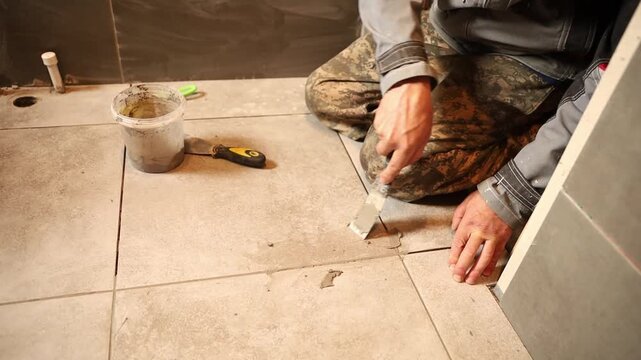 Worker applying grout with a putty knife between floor tiles. Bathroom renovation and tile installation