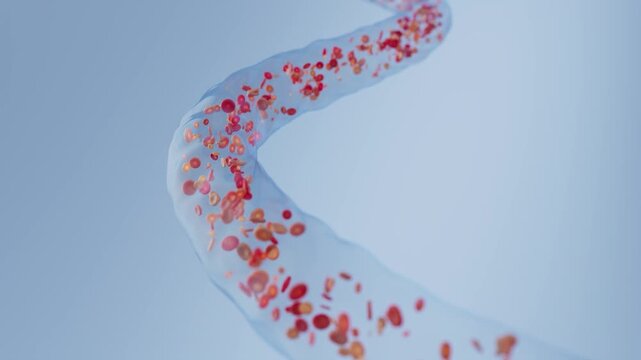 Transparent animation of red blood cell flow within blood vessels