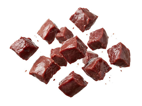 Fresh raw beef liver cubes flying isolated on white background
