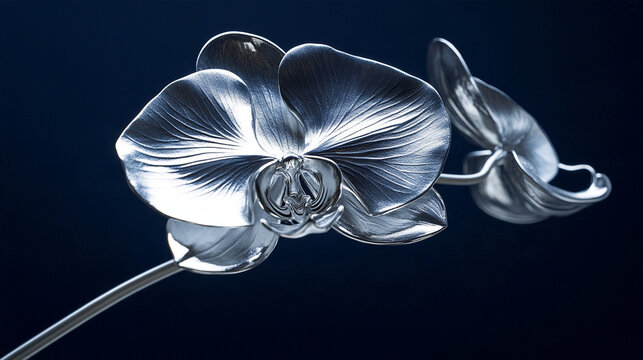 Extreme close-up luxury photograph of one orchid flower sculpted entirely from polished platinum metal, five elegant metallic petals with delicate natural curves, realistic silver