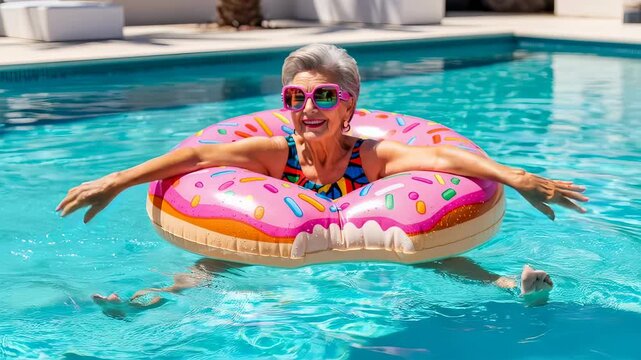 Happy elderly woman swimming in pool with pink donut float. Senior lady having fun and relaxing in water during summer holiday. Leisure activity at resort.