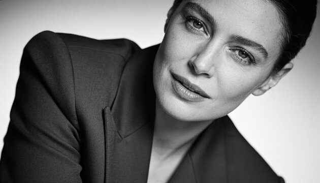Posing adult female wearing dark tailored blazer in studio, showing makeup and catchlights