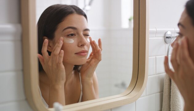 Applying white cami woman rubbing undereye patches at bathroom with wood mirror, chrome towel ring