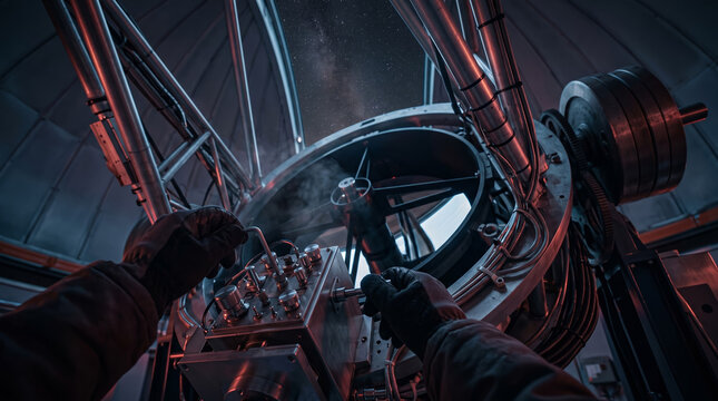 Upward POV from the base of a massive circular optical telescope inside a dark observatory dome. Gloved hands adjust a high-tech instrument module under moody blue and red work lights.
