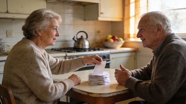 Holding senior woman wearing knitted sweaters showing receipt to man at kitchen table, with bills