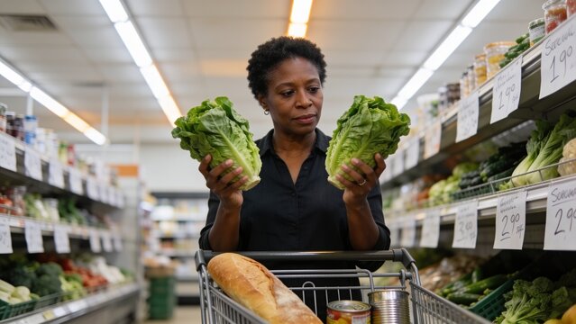 Comparing shopper wearing dark blouse holding romaine heads in produce aisle, with metal cart