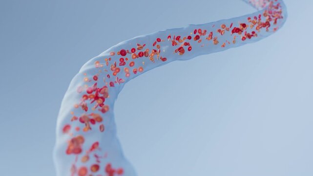 Transparent animation of red blood cell flow within blood vessels