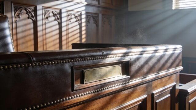Catching leather-topped wooden bench glowing in courtroom, with brass nameplate and dust motes