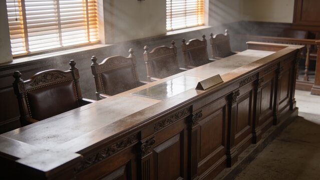 Displaying ornate wooden bench with leather chairs gleaming in historic courtroom with sunbeams