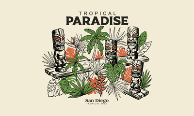 Vintage tropical paradise illustration with tiki masks and palm trees for San Diego travel poster. © Irfan