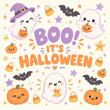 Collection of cute ghosts pumpkins and candy icons for halloween party with corn witch hat trick or treat character illustration