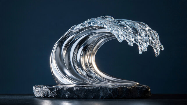 Professional luxury product photograph of a single ocean wave sculpture crafted entirely from polished platinum metal, elegant curling wave shape, smooth flowing metallic surface,