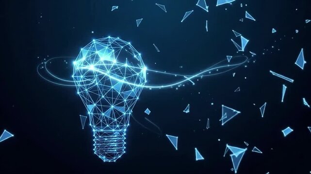 Digital light bulb idea innovation animation concept. Futuristic wireframe glowing technology solution 3D rendering. Cyber creative mind business study.