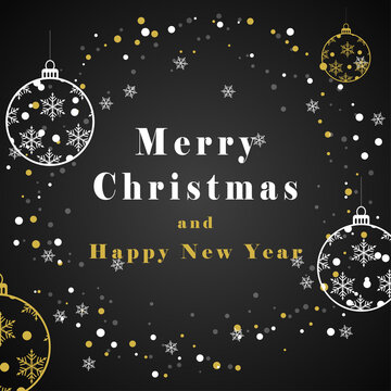 Elegant Christmas and New Year greeting card with black background, gold and white ornaments, snowflakes and festive dots. Luxury holiday design with Merry Christmas and Happy New Year text.