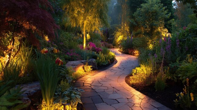 Medium shot of a beautifully lit garden pathway with soft warm lights highlighting the natural curves and plants creating an inviting and serene outdoor ambiance.