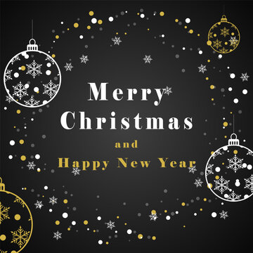 Elegant Christmas and New Year vector greeting card with black background, gold and white ornaments, snowflakes and festive dots. Luxury holiday design with Merry Christmas and Happy New Year text.