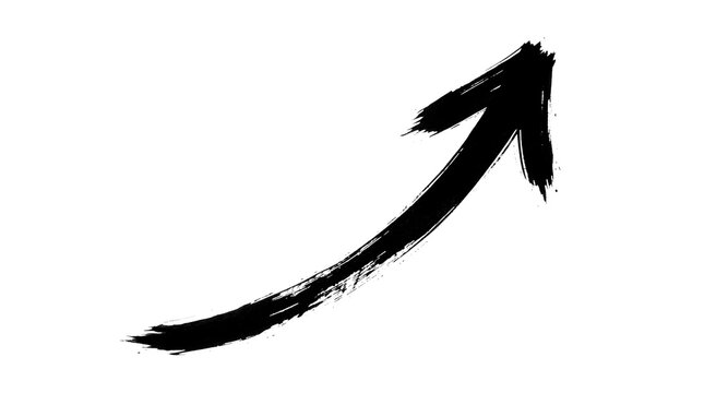 Black ink brush stroke arrow pointing up on a clean white background