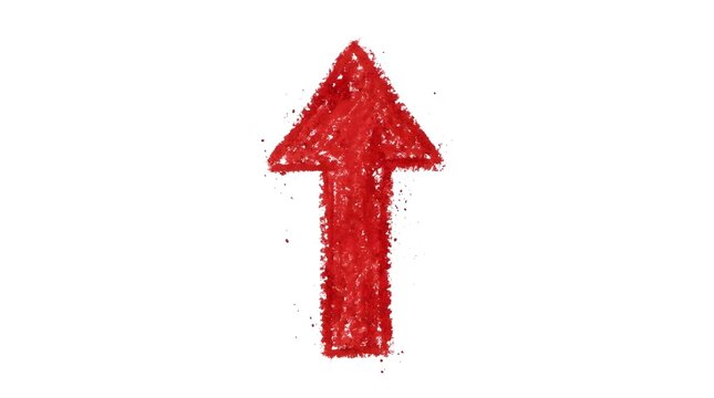 Hand drawn red arrow pointing up made with wax crayon on white