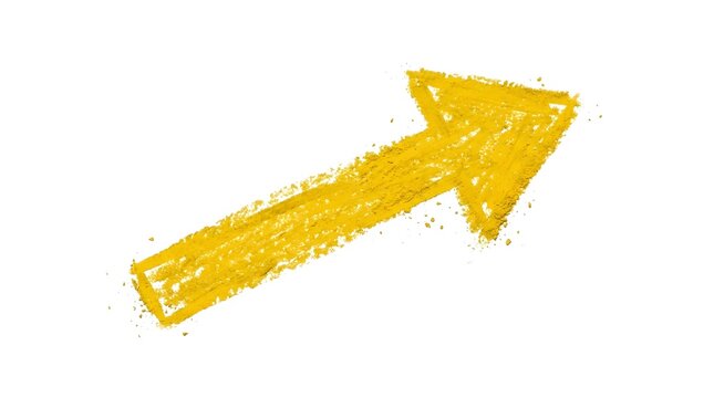 Yellow crayon arrow pointing up right drawn on a clean white