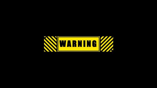 Five yellow warning labels with hazard stripes and black text appearing on a dark backdrop. High contrast caution indicators. Perfect for safety alerts and system error videos.