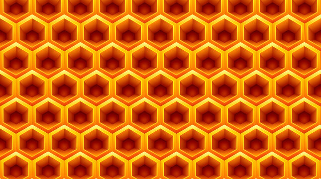 Seamless golden yellow honeycomb pattern background, 3D abstract hexagon bee comb cell texture wallpaper