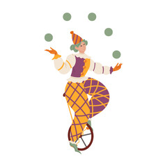Circus juggler on a unicycle with juggling balls, isolated on white. Cartoon hand drawn vector illustration for circus posters, kids birthday invitations, flyers and carnival party designs. © Ekaterina Sumanosova