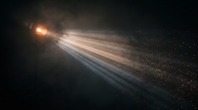 A bright spotlight shining through dark, smoky air filled with glowing golden sparks and particles, creating a dramatic and cinematic atmosphere with visible light beams