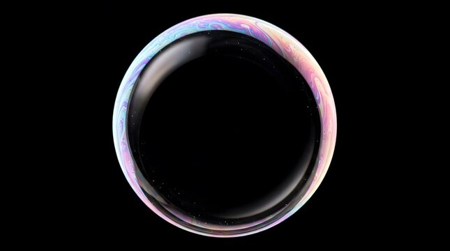 Macro closeup of a colorful soap bubble surface with iridescent rainbow interference patterns, creating a circular abstract frame against a solid black background