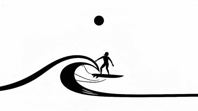 Minimalist Surfer Riding Ocean Wave Silhouette Vector Illustration