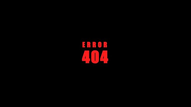 Red digital ERROR 404 text with glitch distortion effects isolated on a solid black background. High contrast cinematic technical failure visual. Ideal for cybersecurity and web design videos.