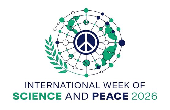 International week of science and peace emblem featuring a globe sign olive branches world unity scientific progress relations social change white background cooperation
