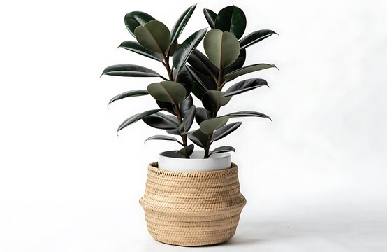 Lush rubber plant with dark green leaves in a woven basket on white background ficus elastica houseplant greenery botanical container interior decoration biophilic tropical textured