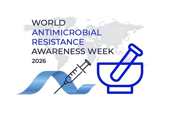 World antimicrobial resistance awareness week concept with medical symbols on a map antibiotic mortar and pestle bacterial infection public health control research