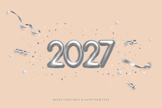 2027 Happy New Year greeting card background. 2027 silver balloon numbers with confetti and ribbons on beige. Festive sparkle holiday postcard, invitation, banner for social media. Vector illustration