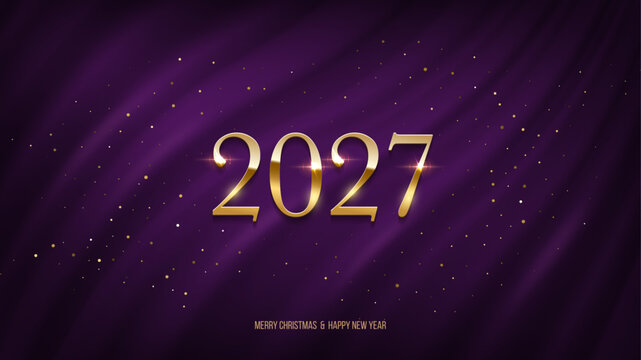 2027 Happy New Year greeting card vector illustration. Festive Christmas social media banner. Golden numbers 2027 and congratulation text on luxurious purple curtain background