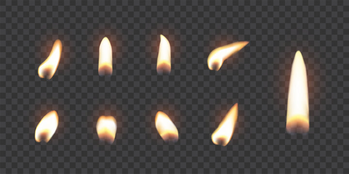 Glowing birthday candle flames. Candle flames set isolated on transparent. Realistic vector illustration for memorial ceremonies, meditation spaces, or candlelight celebrations with warm lighting