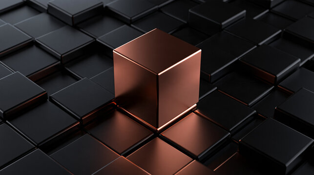 Bronze Cube Standing Out in Dark Geometric Grid