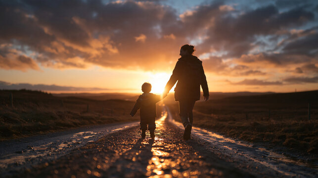 Mother and Child Walking Hand in Hand at Sunset