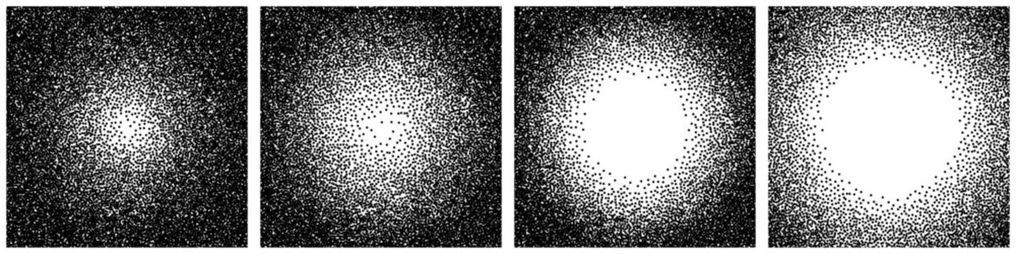 Stipple dot square patterns. Grain noise backgrounds. Stipple patterns with dense black dots on white background, and gradients from edges to center. Minimal abstract vector illustration