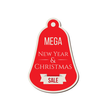 Christmas sale tag. Red bell promo sticker. Big winter holidays discount. New Year shopping special offers label. Festive vector illustration