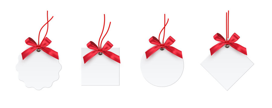 Christmas gift tags with ribbons. Winter holidays decorations. Paperboard various shapes pendants collection isolated on transparent. Shopping special offers stickers. Festive vector illustration