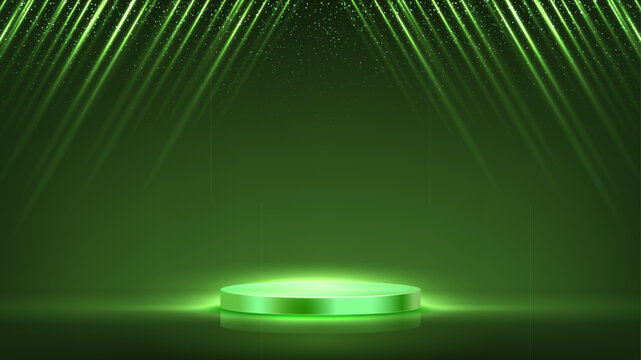 Award background. Winner podium on green stage with falling glowing angled light beams with sparkling particles. Elegant luxury vector backdrop for presentation, winner ceremony