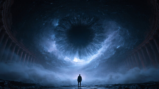 Silhouette Standing Before Giant Cosmic Eye in Sky