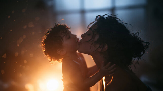 Affectionate Mother Kissing Her Toddler in Warm Light