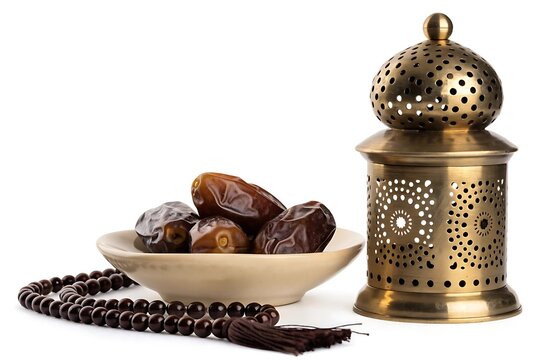 Dates in a small dish with a brass lantern and prayer beads on white surface dried fruit still life background middle eastern religious tradition celebration isolated spirituality