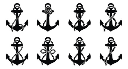 Eight black silhouette anchors with rope detailing against a white background © UmmeHani