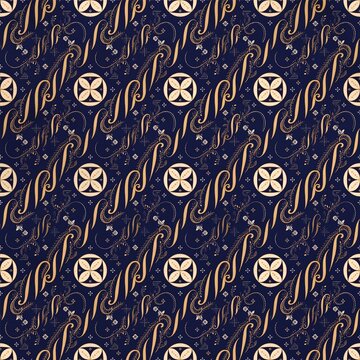 Seamless Indonesian batik pattern with navy blue and gold parang motifs, elegant traditional textile background