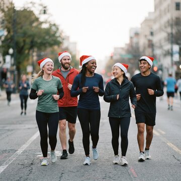 Diverse group of friends wearing Santa hats running together on city street during holiday season