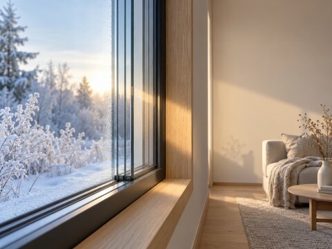 Triple Glazed Window Providing Thermal Insulation in Cozy Winter Interior